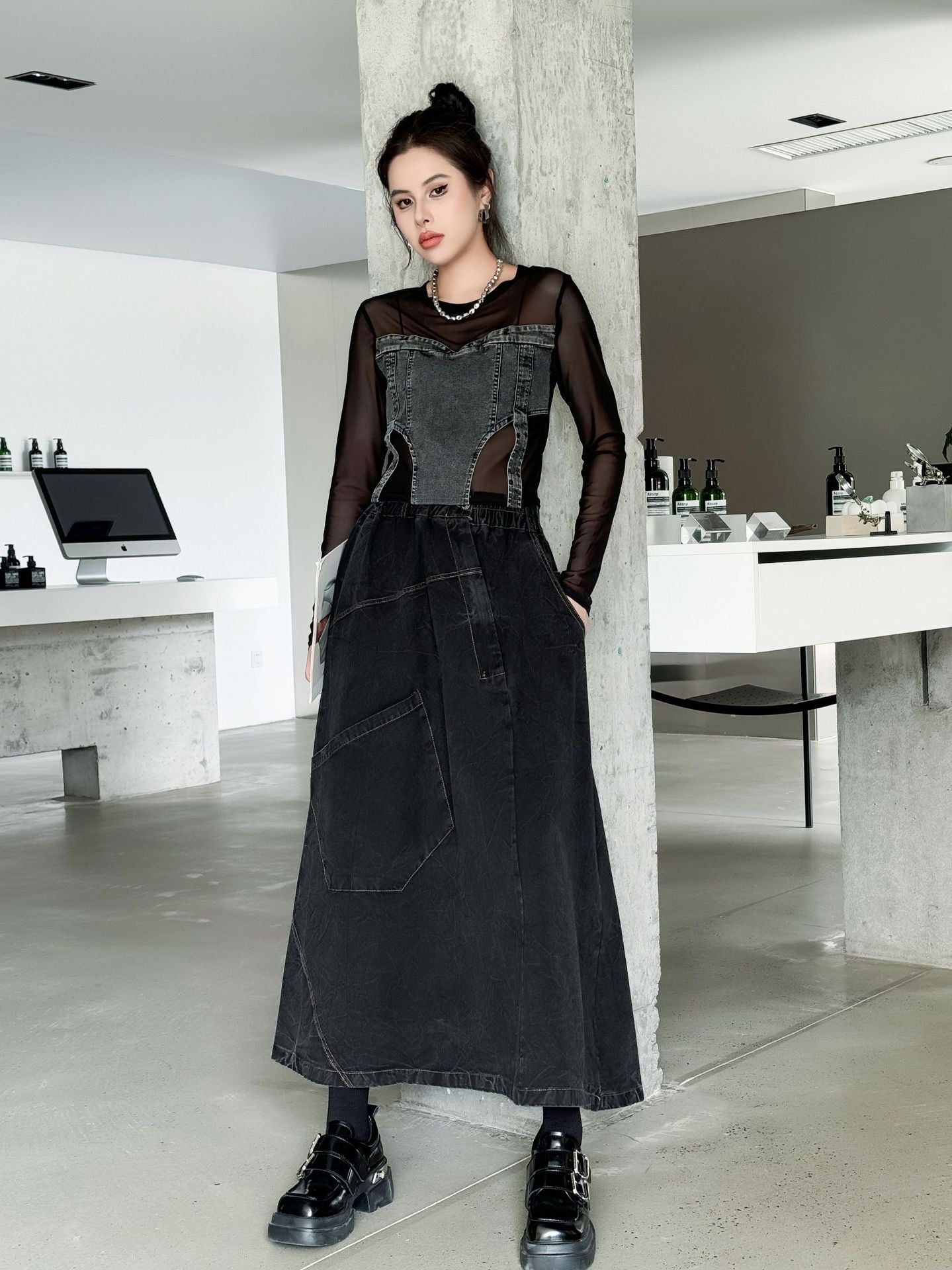 Big Pocket Denim Flare Skirt