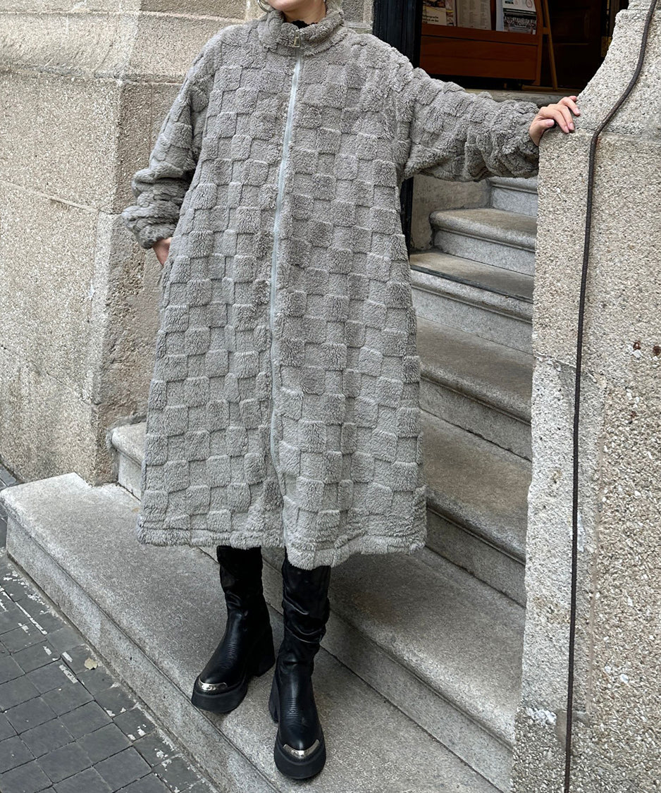 Checkered Pattern Boa Coat