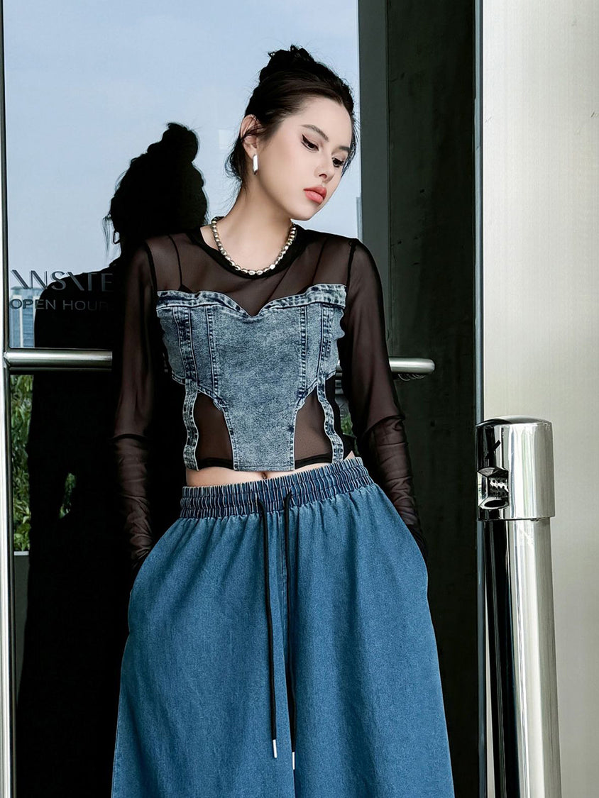 Mesh stitch denim top