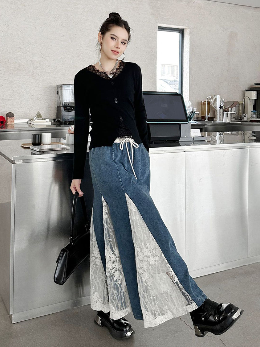 Cross-border lace denim skirt