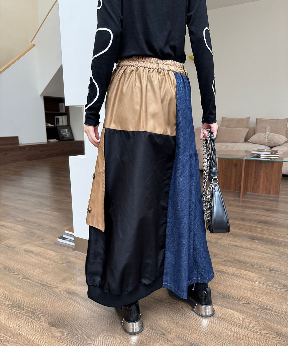 Contrast Denim High-Waist Skirt
