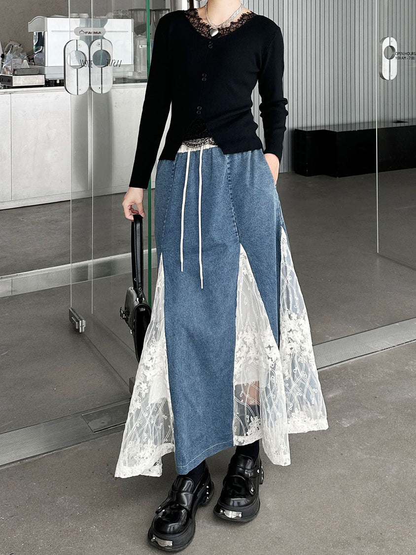 Cross-border lace denim skirt