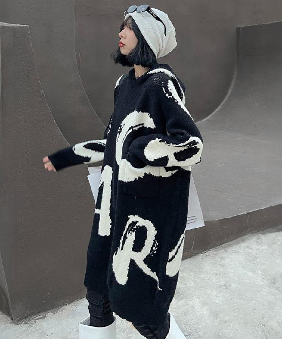 Letter Jacquard Hoodie Knit Dress