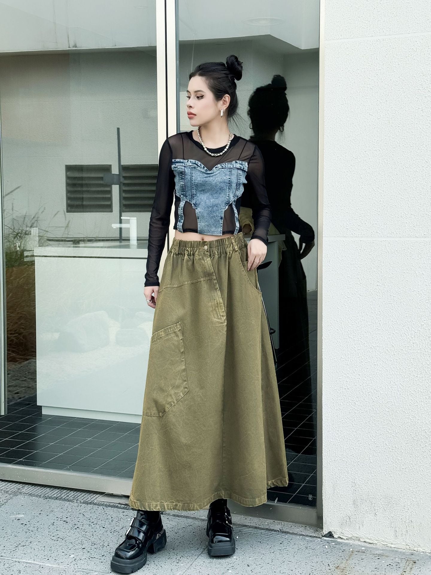 Big Pocket Denim Flare Skirt