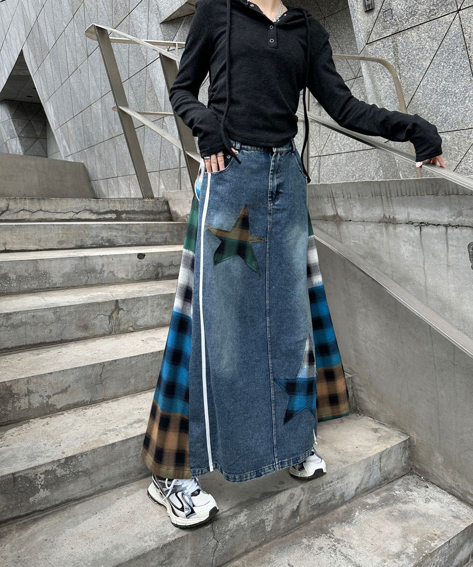 Contrast Check Denim Skirt
