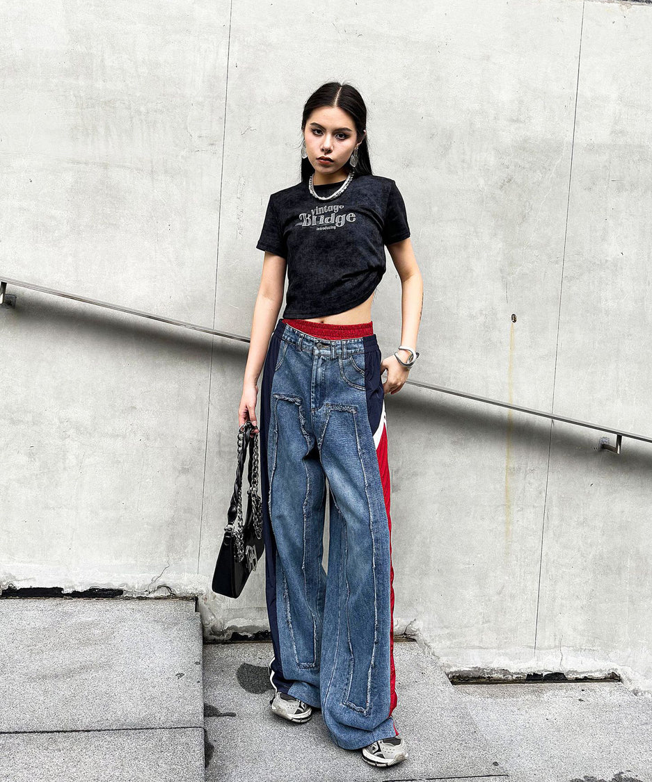 Side line drawstring denim pants