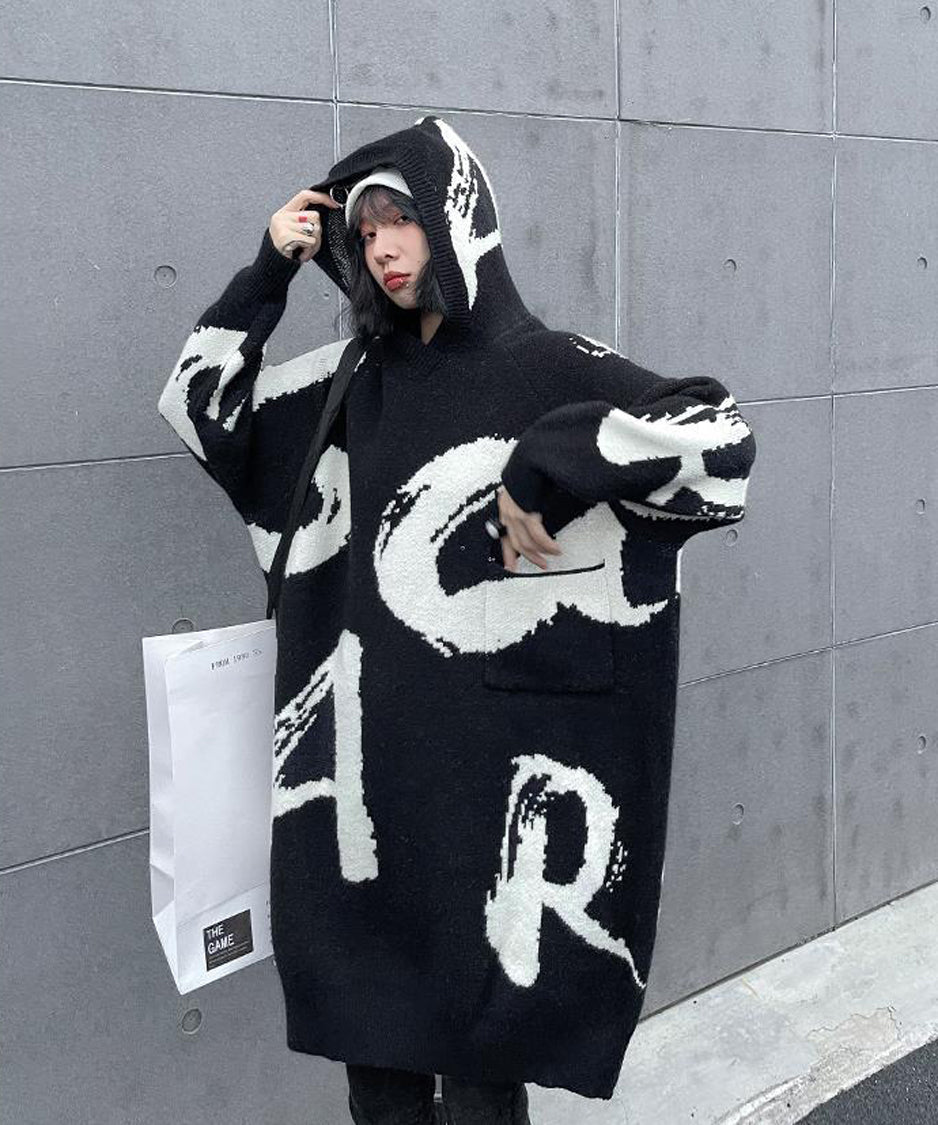 Letter Jacquard Hoodie Knit Dress