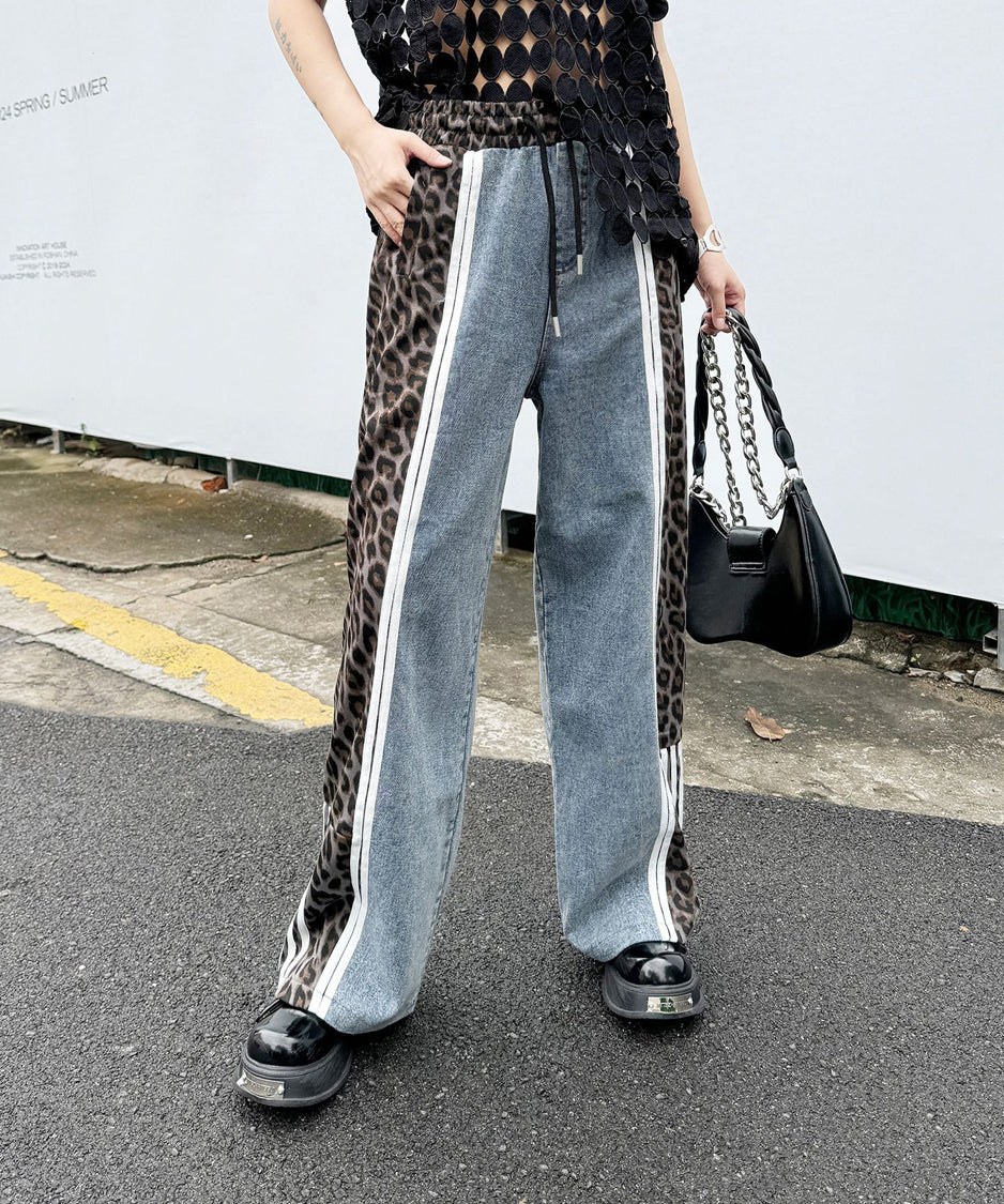 Side leopard print denim pants
