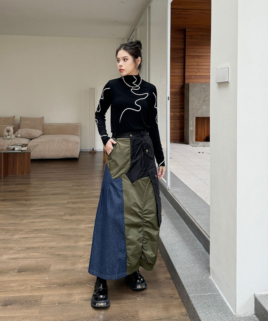 Contrast Denim High-Waist Skirt