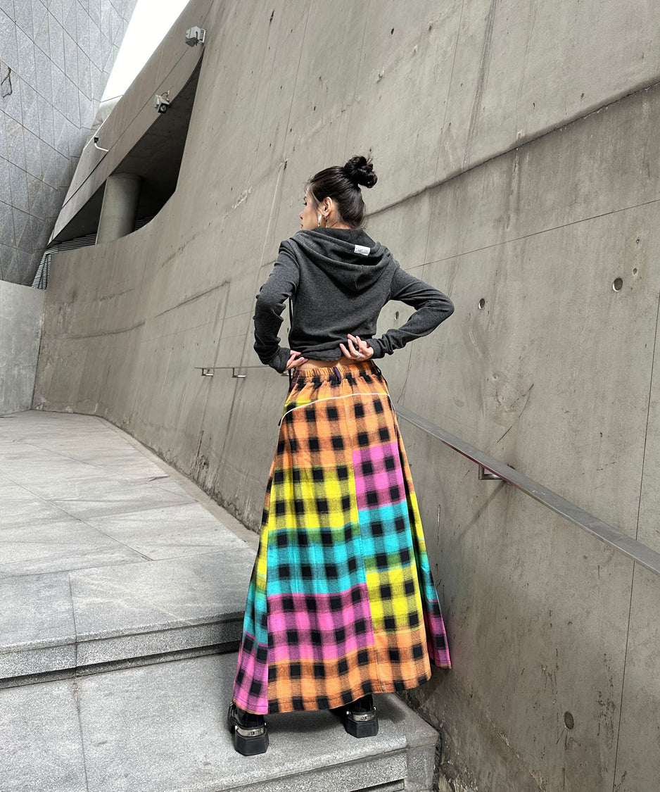 Contrast Check Denim Skirt