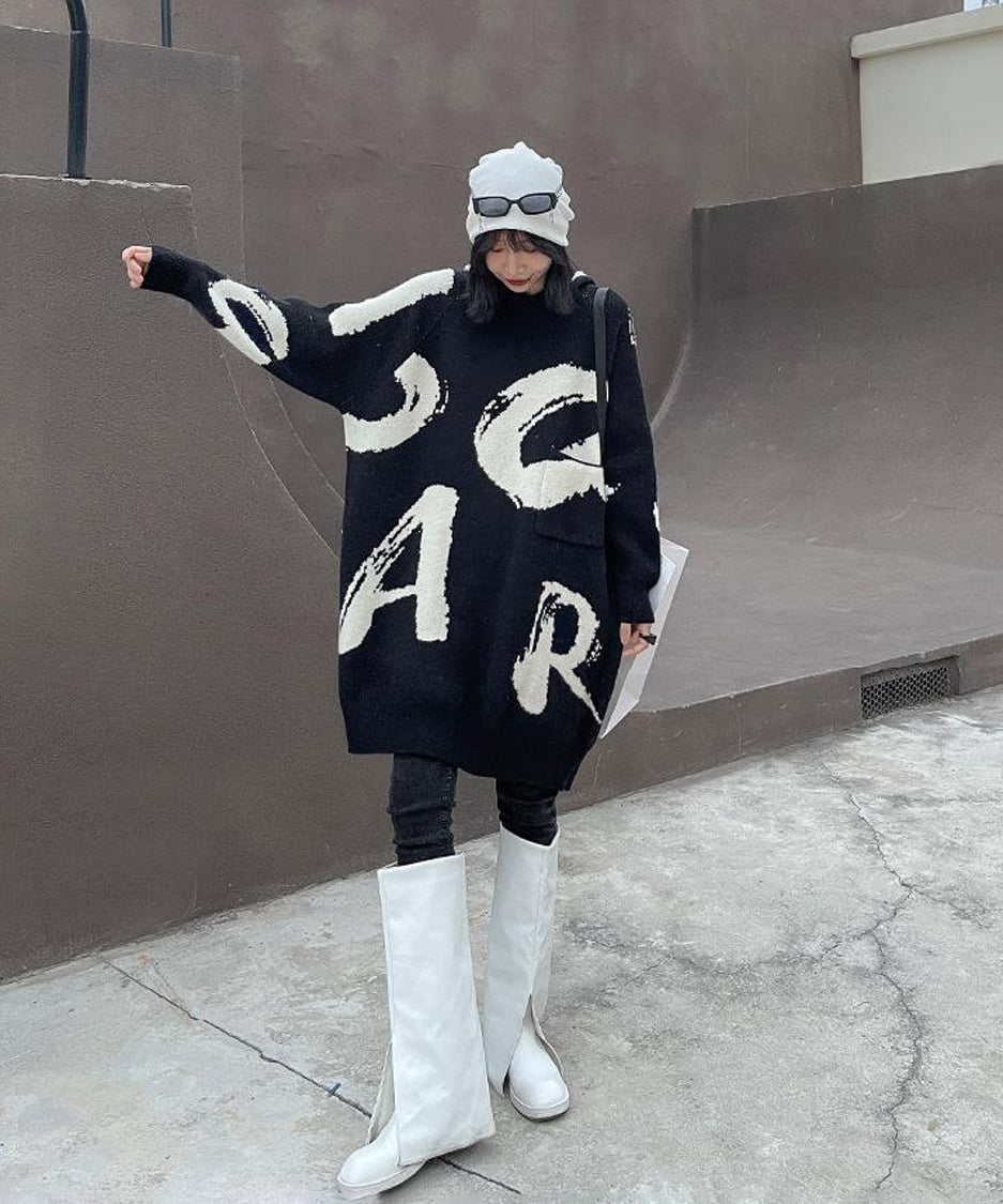 Letter Jacquard Hoodie Knit Dress