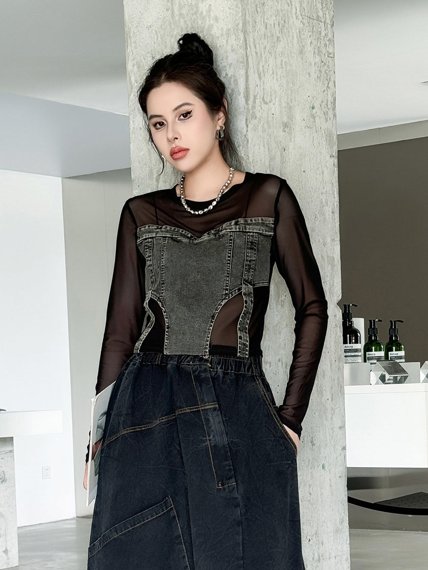 Mesh stitch denim top