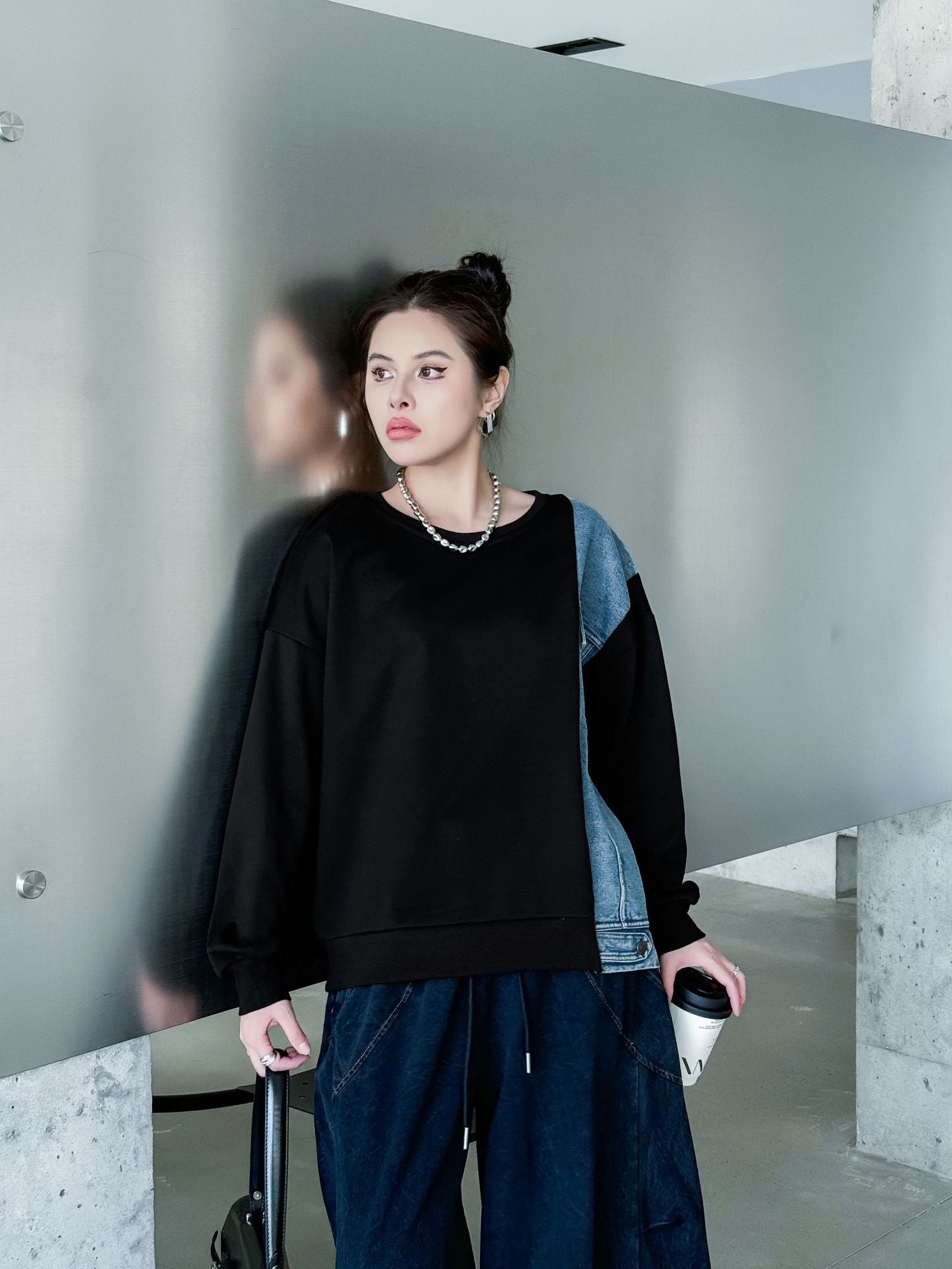 Denim stitch contrast top