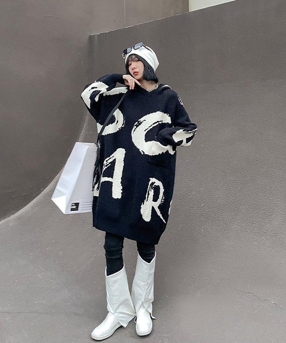 Letter Jacquard Hoodie Knit Dress