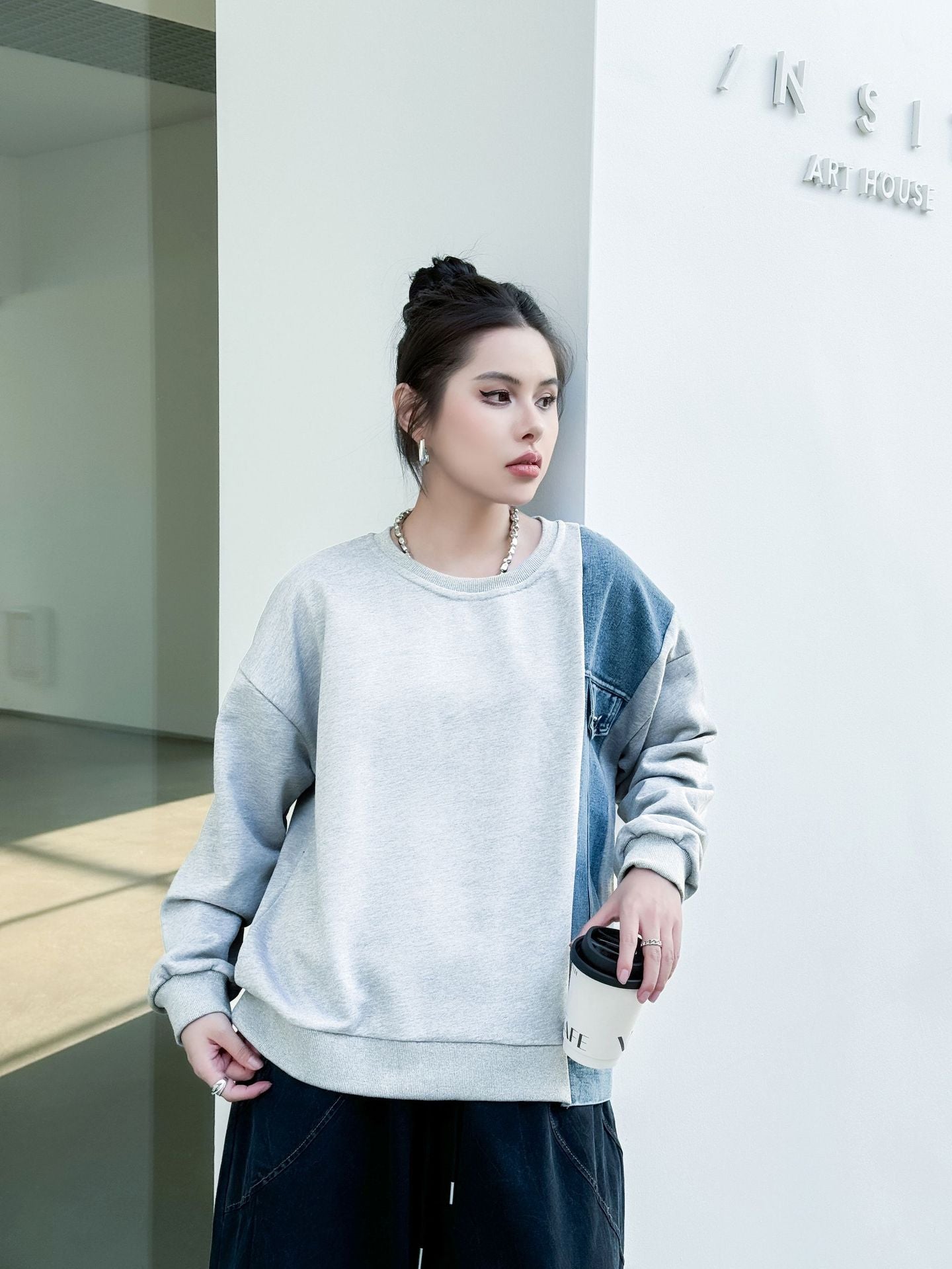 Denim stitch contrast top