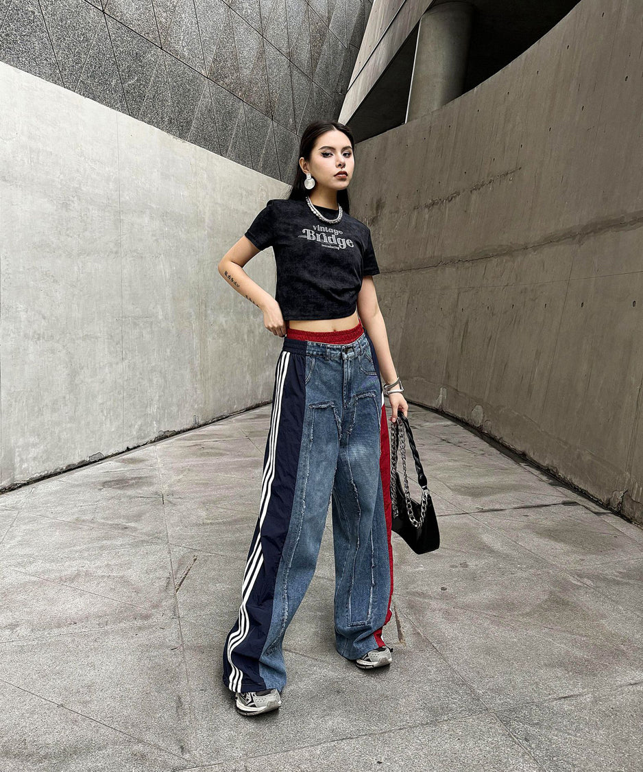 Side line drawstring denim pants