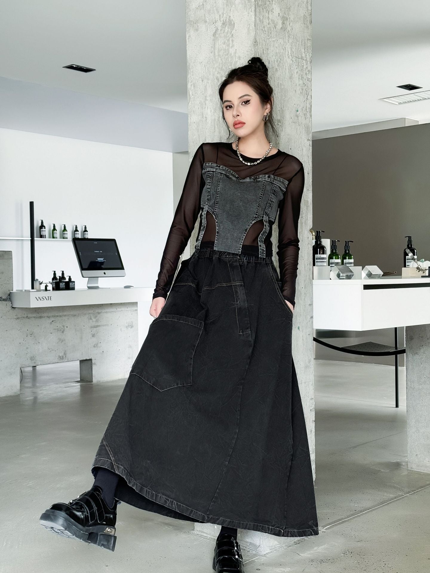 Big Pocket Denim Flare Skirt