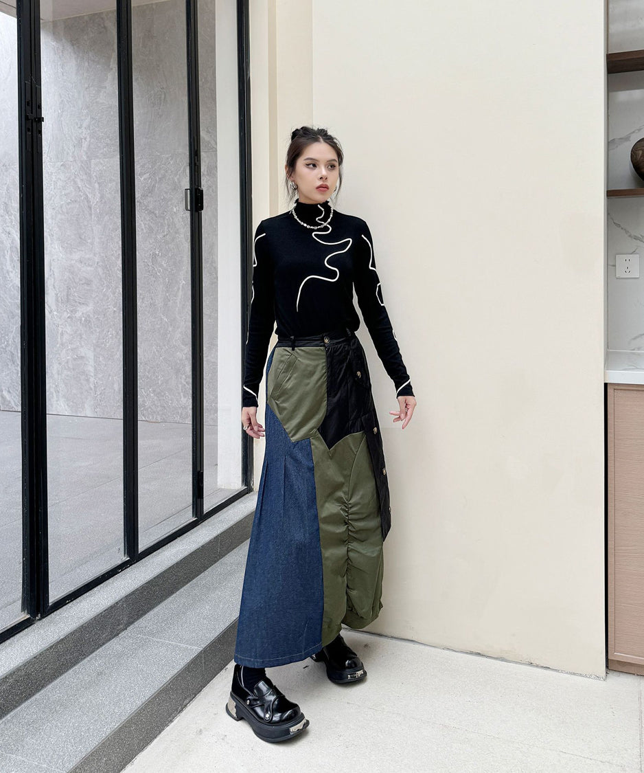 Contrast Denim High-Waist Skirt
