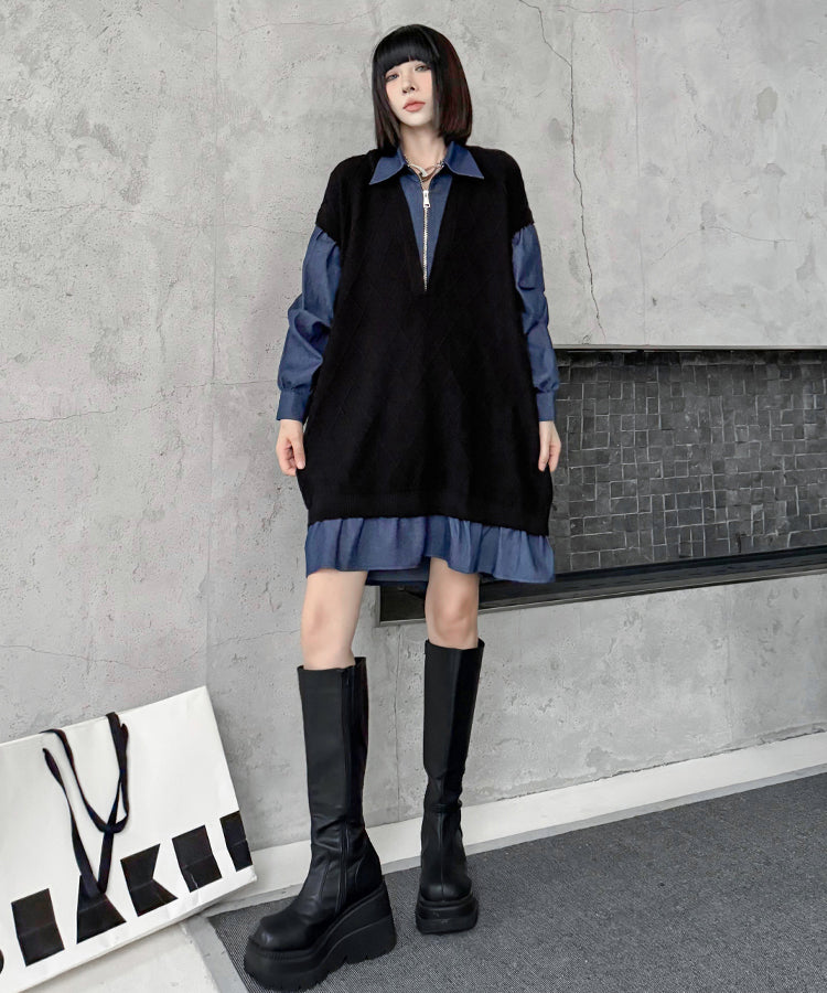 Denim knit layered dress