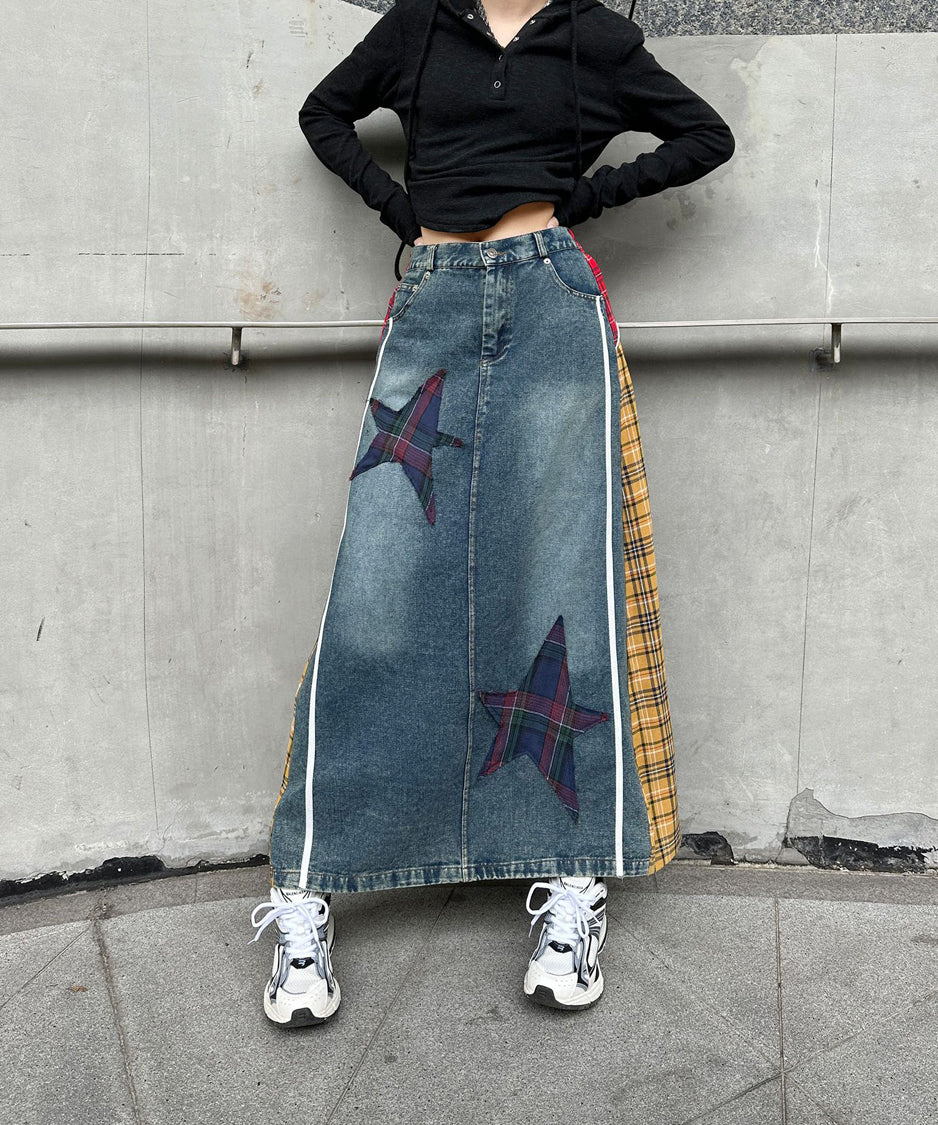 Contrast Check Denim Skirt
