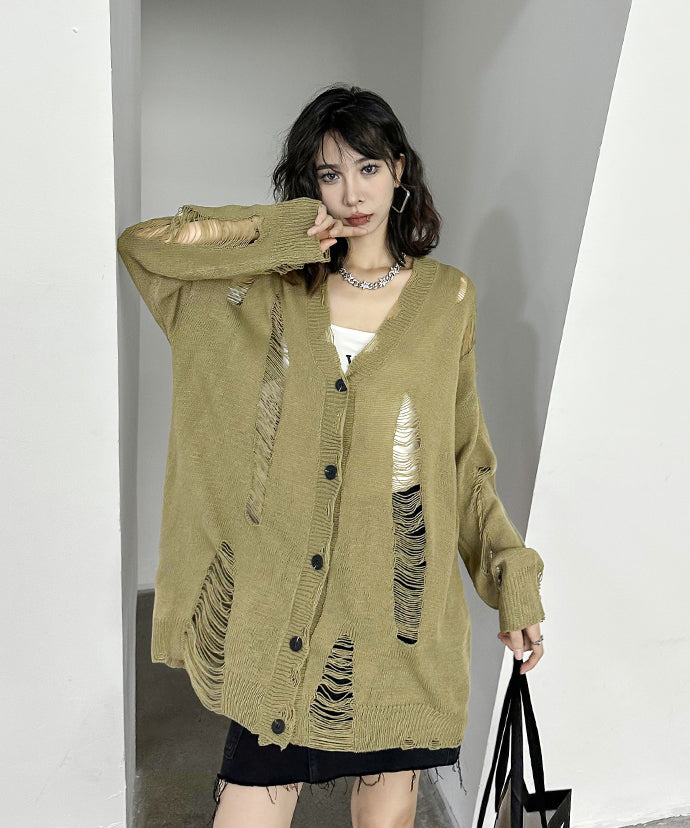 Distressed knit cardigan