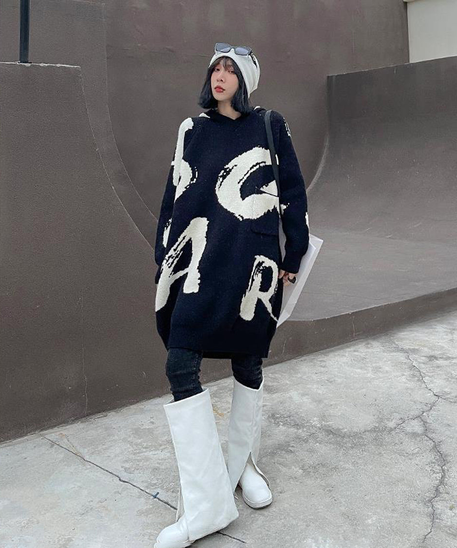 Letter Jacquard Hoodie Knit Dress