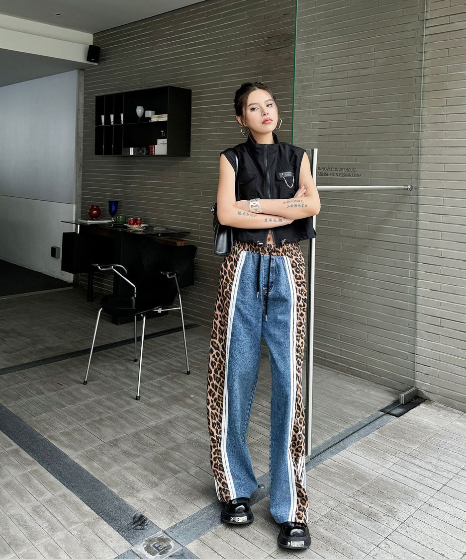 Side leopard print denim pants