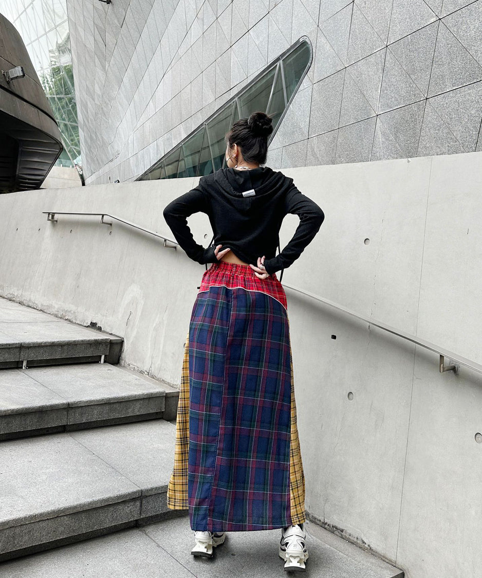 Contrast Check Denim Skirt