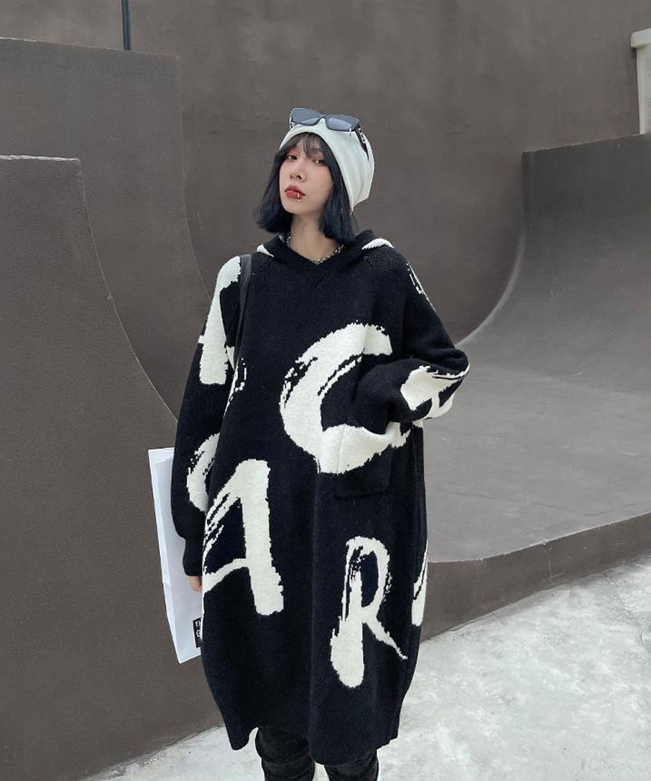 Letter Jacquard Hoodie Knit Dress