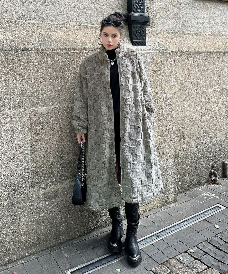 Checkered Pattern Boa Coat