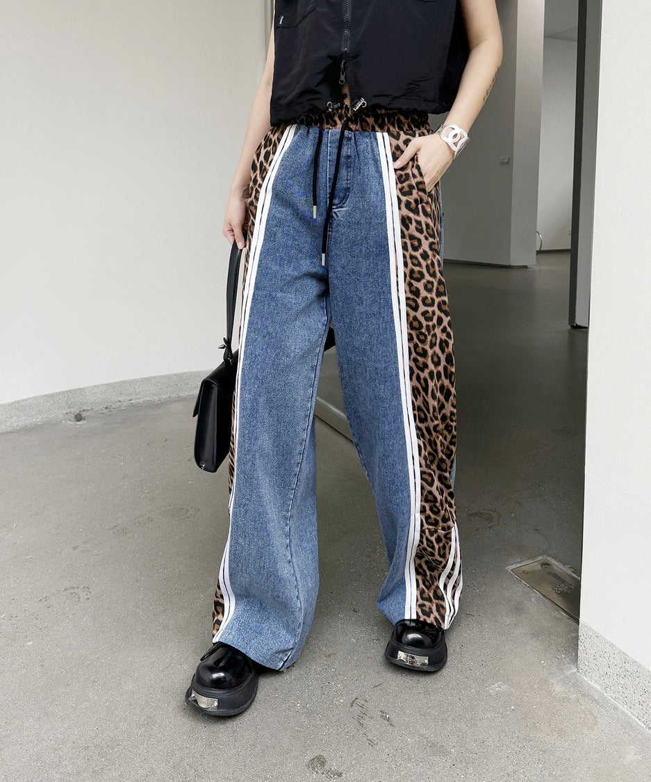 Side leopard print denim pants