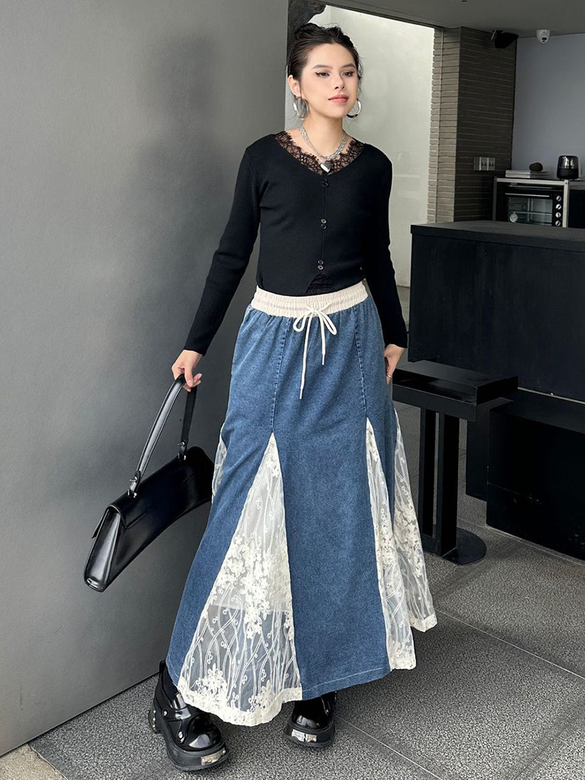Cross-border lace denim skirt