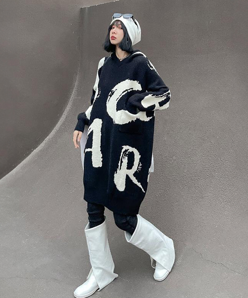 Letter Jacquard Hoodie Knit Dress