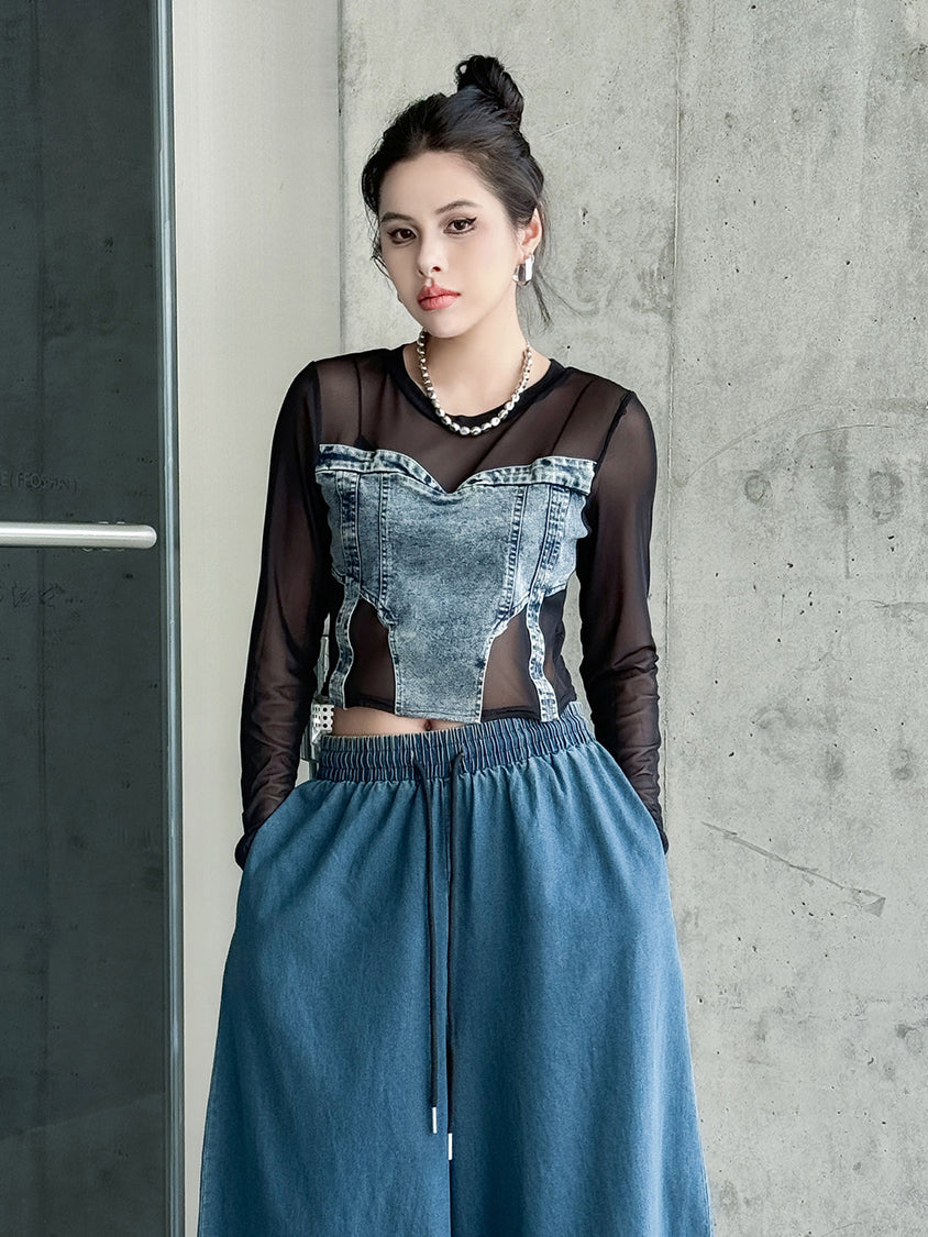 Mesh stitch denim top
