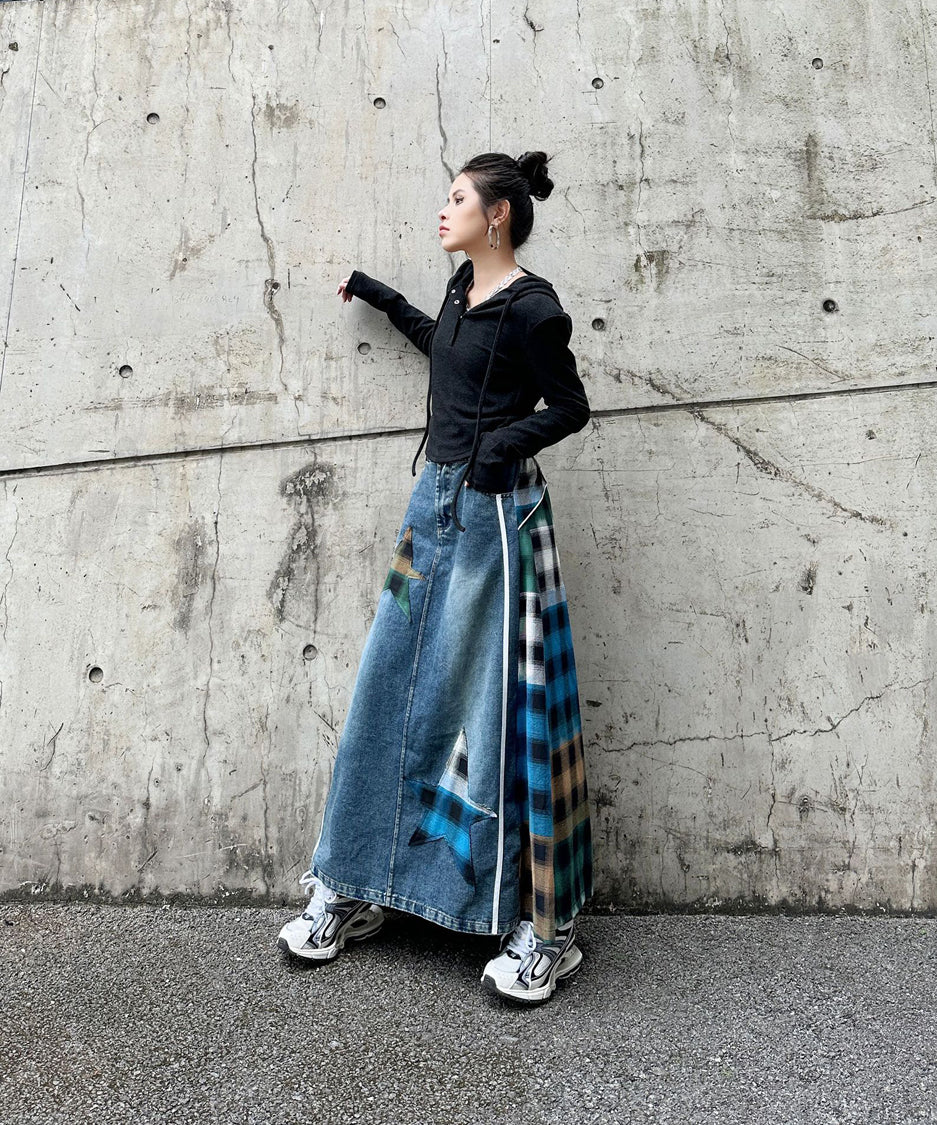 Contrast Check Denim Skirt