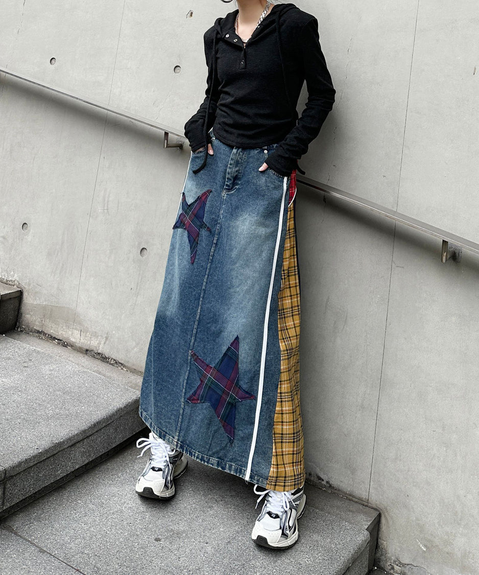 Contrast Check Denim Skirt