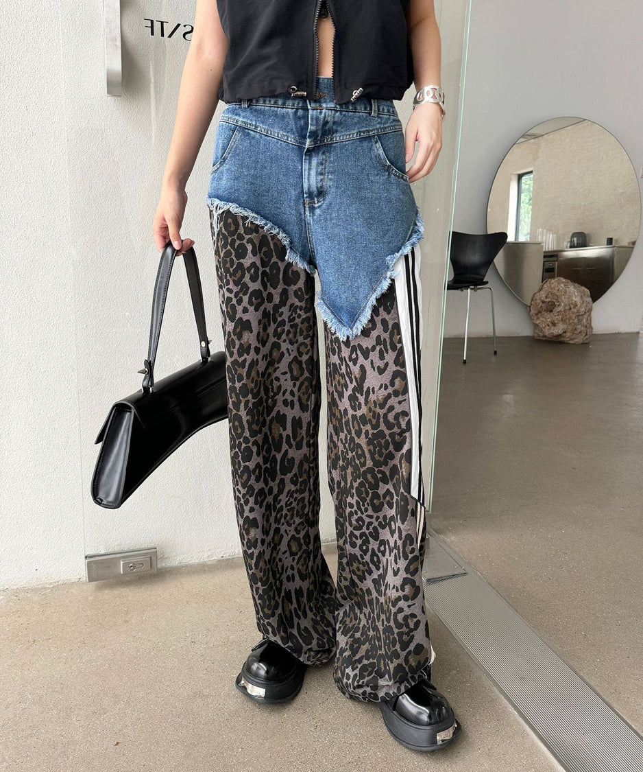 Leopard print contrast denim pants