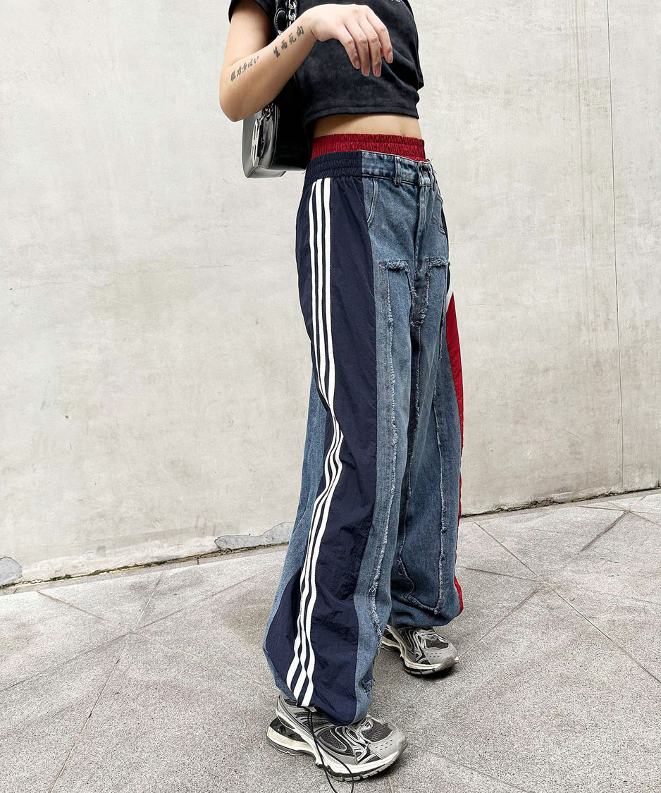 Side line drawstring denim pants