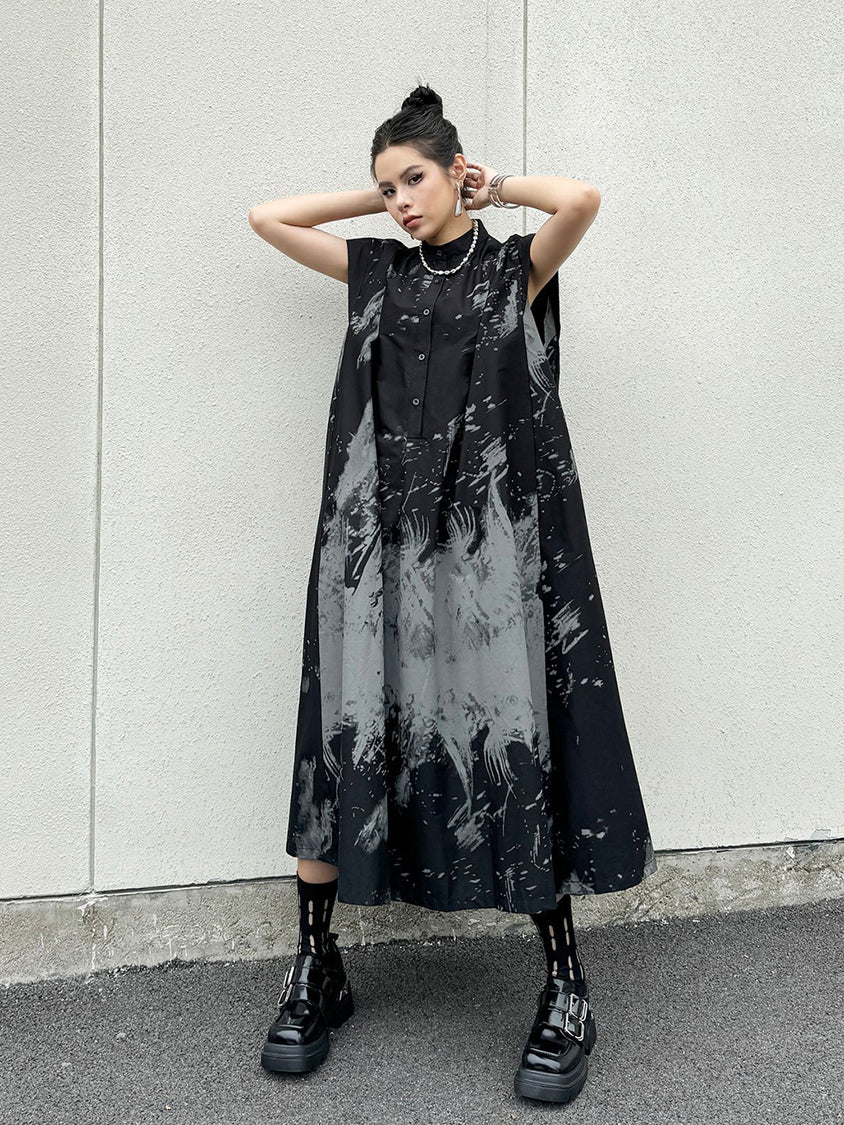 French Sleeve Print Flared Dress