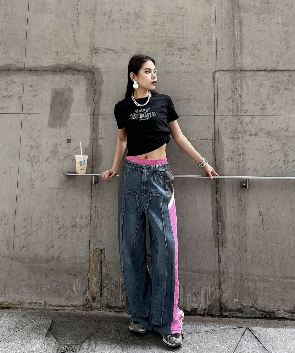 Side line drawstring denim pants