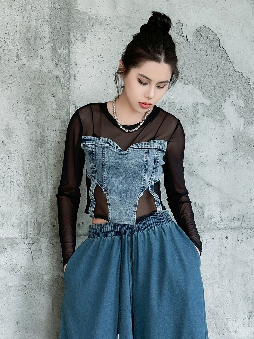Mesh stitch denim top
