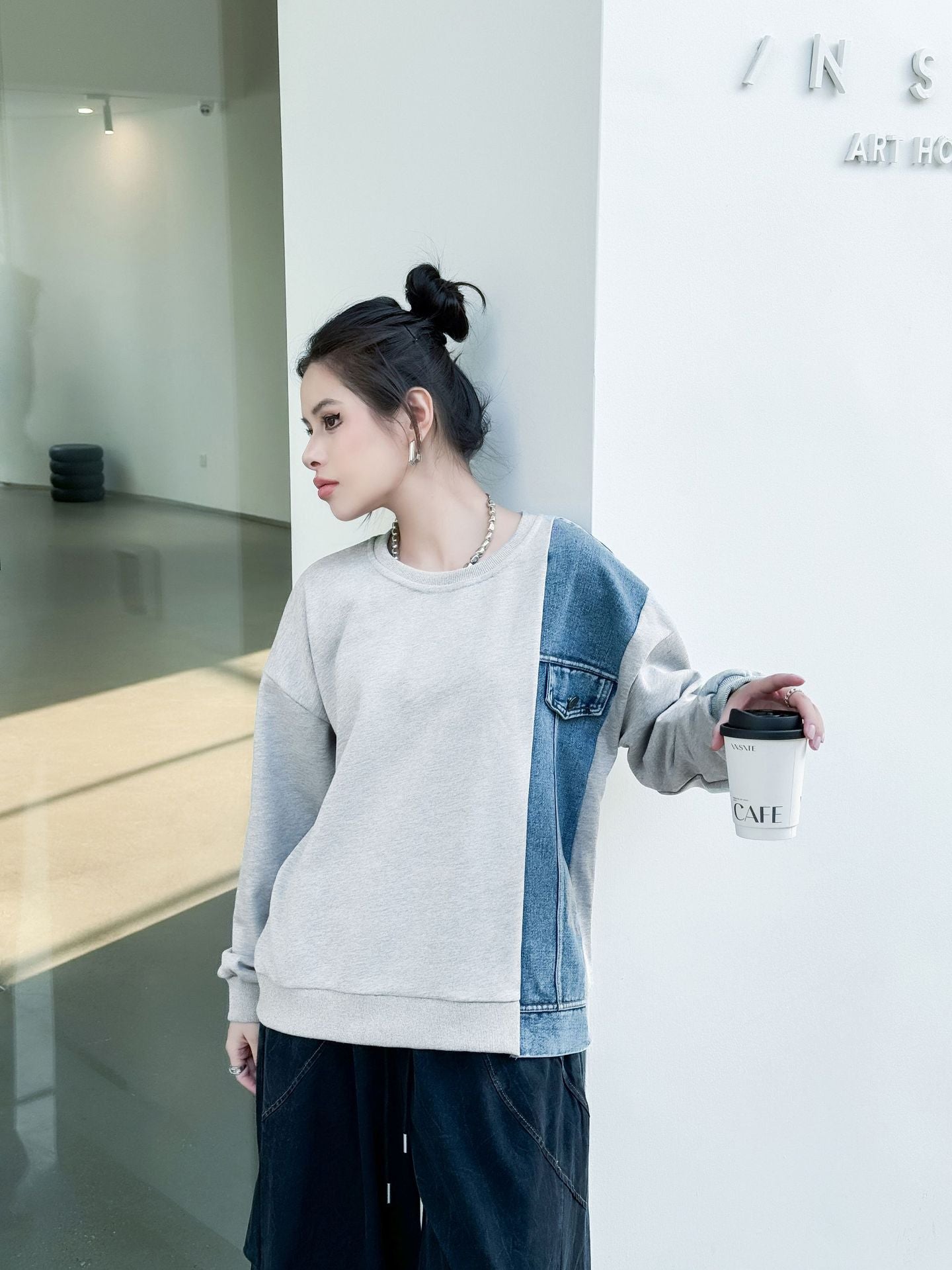 Denim stitch contrast top