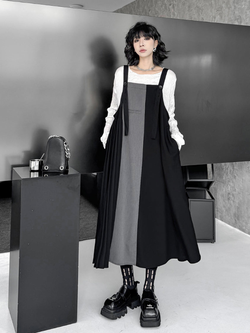 ツートーンプリーツサスペンダードレス