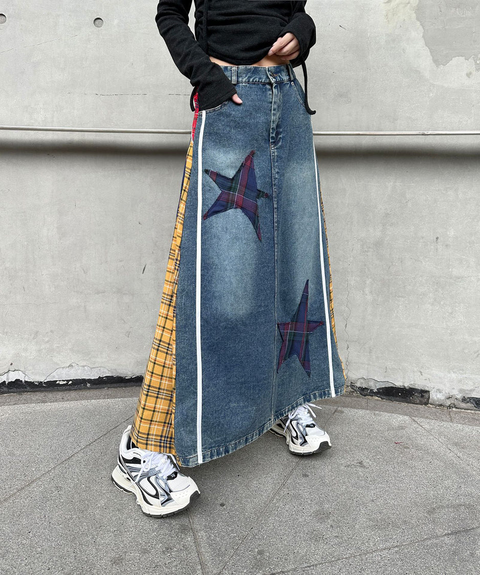 Contrast Check Denim Skirt