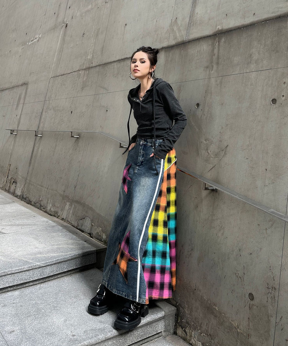 Contrast Check Denim Skirt