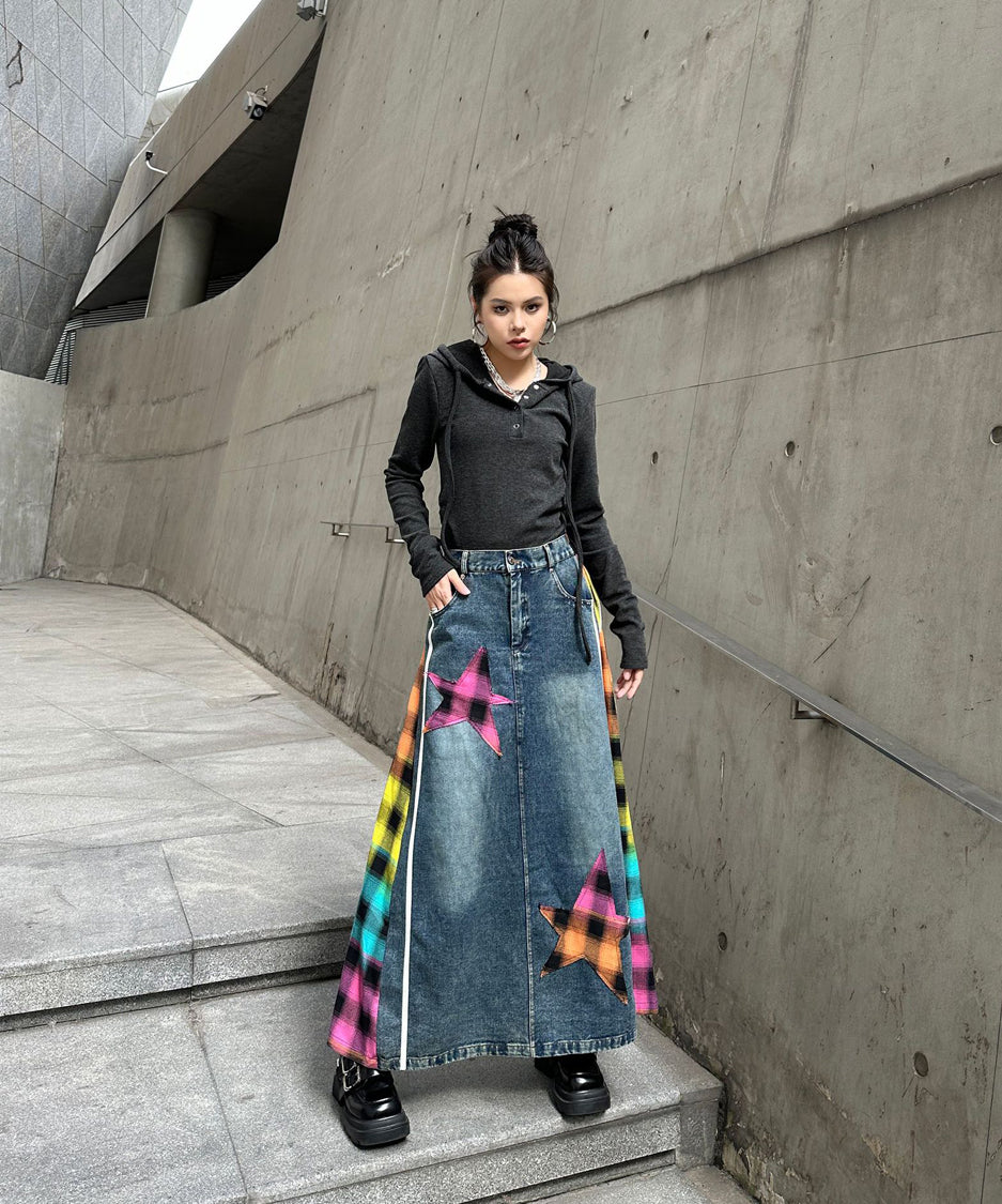 Contrast Check Denim Skirt