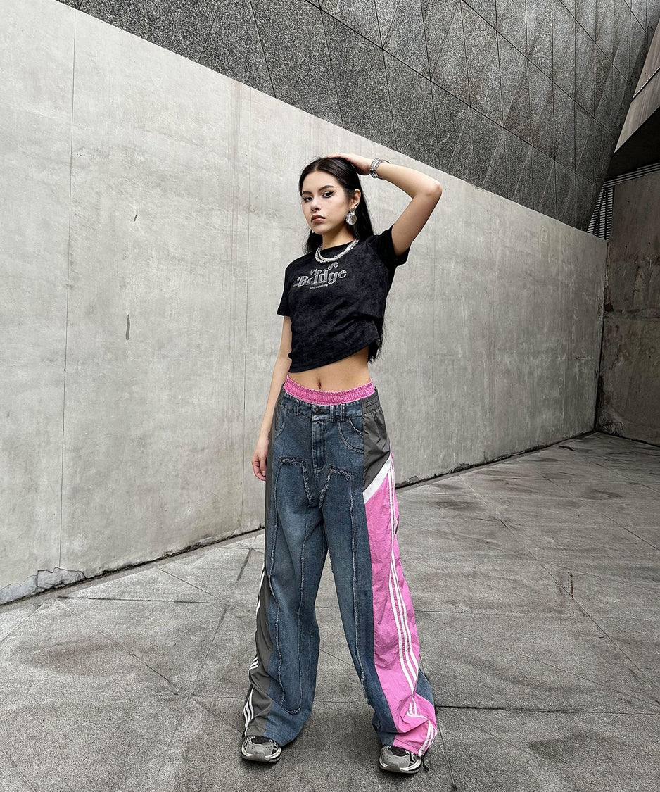 Side line drawstring denim pants