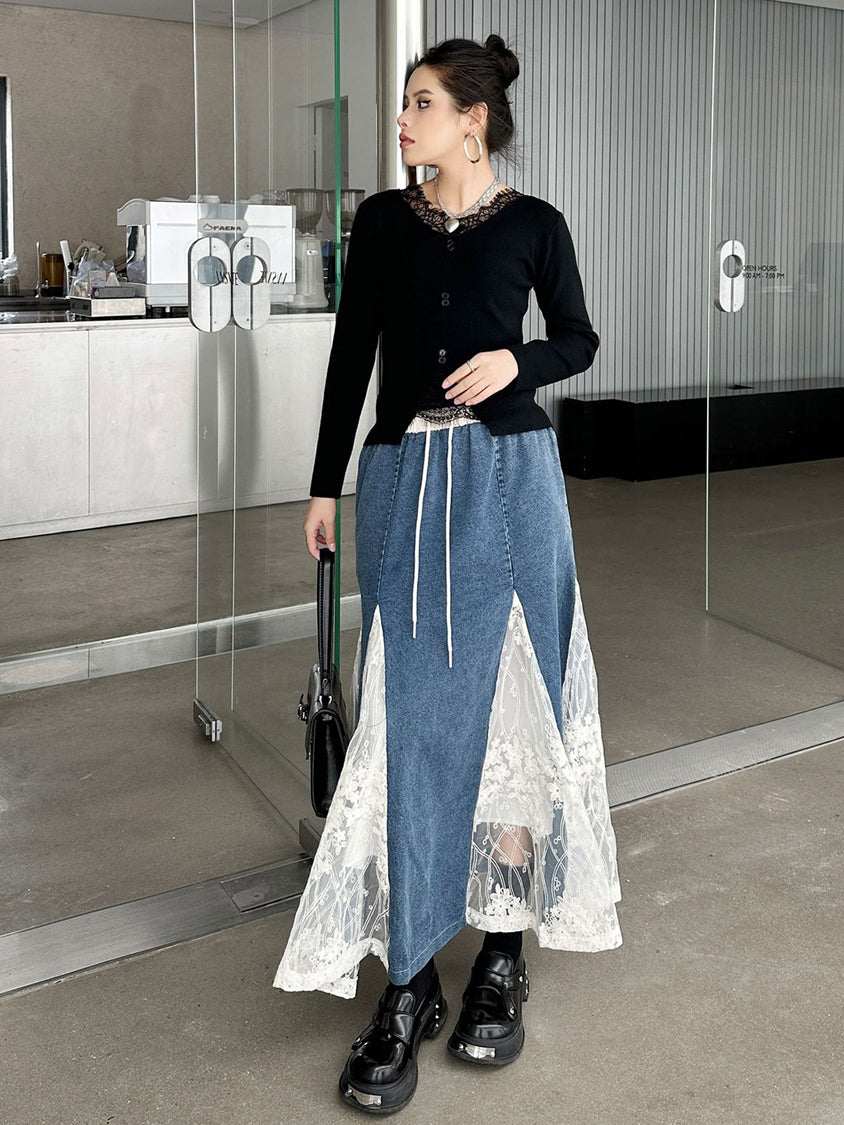 Cross-border lace denim skirt