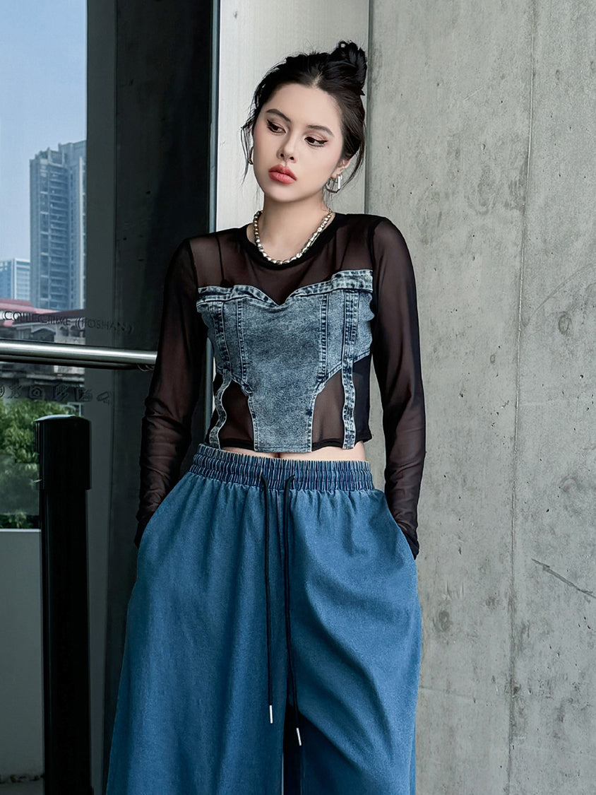 Mesh stitch denim top