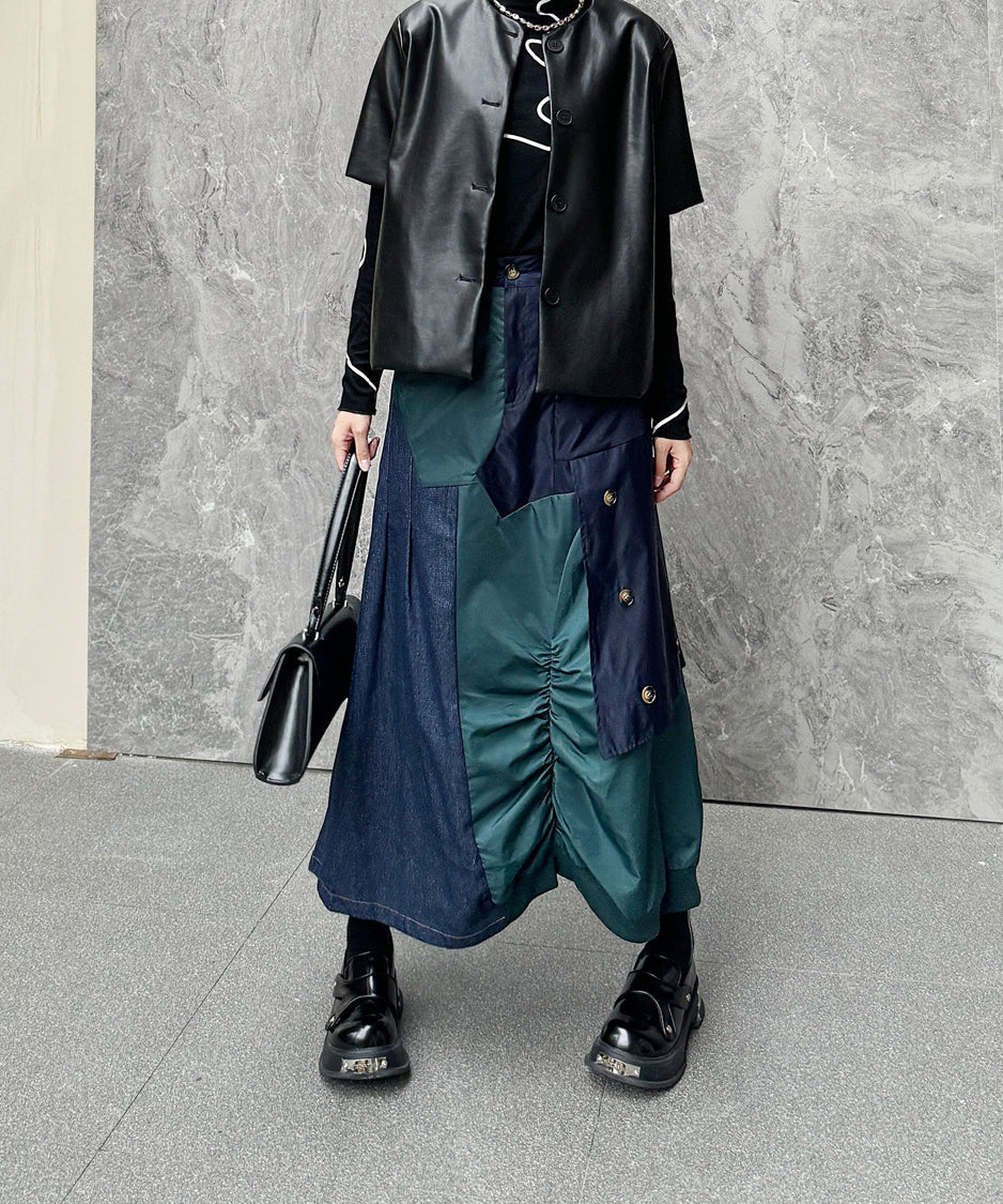 Contrast Denim High-Waist Skirt
